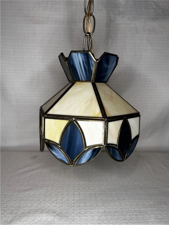 Other - Vintage Stained Glass Hanging Light Blue Cream Hardwired Lamp 8 Inch Retro